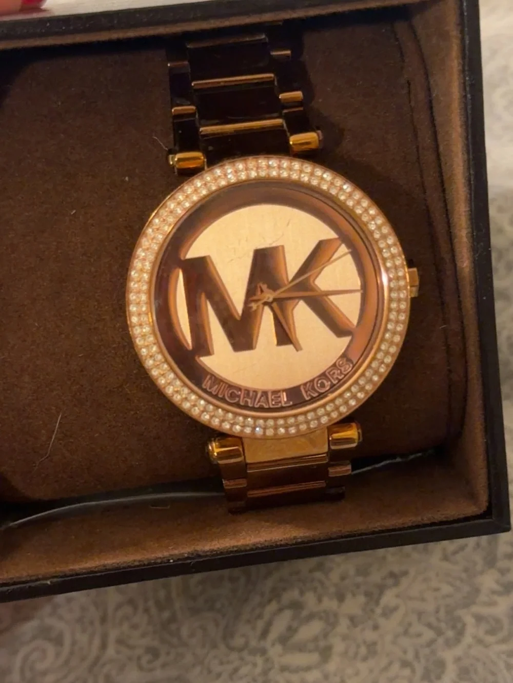 Michael Kors Rose Gold Logo Bracelet Watch with Crystal Halo